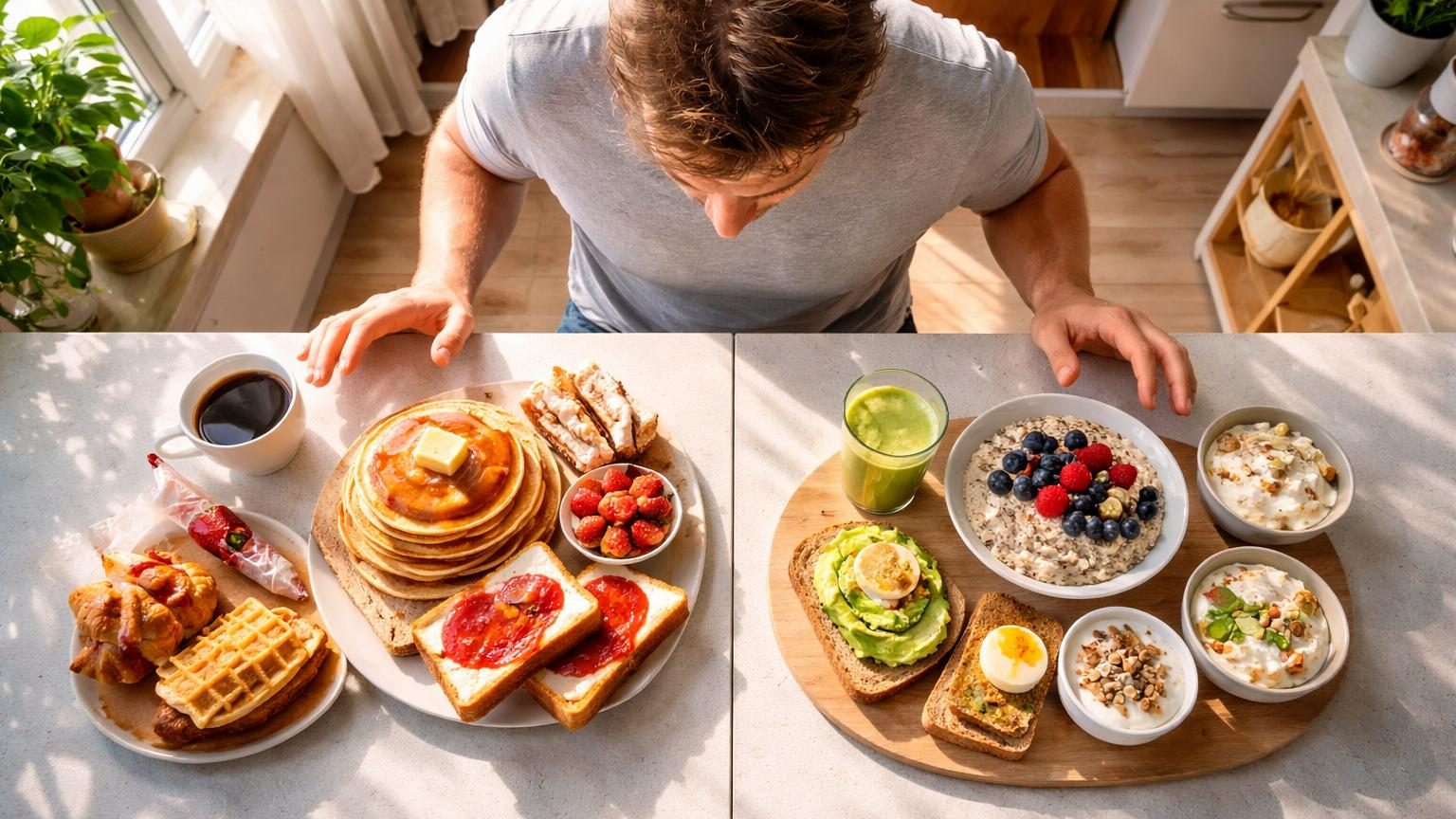 Un bol de petit-déjeuner sain avec œuf, flocons d'avoine, fruits rouges et yaourt blanc, représentant un repas matinal équilibré riche en protéines et fibres