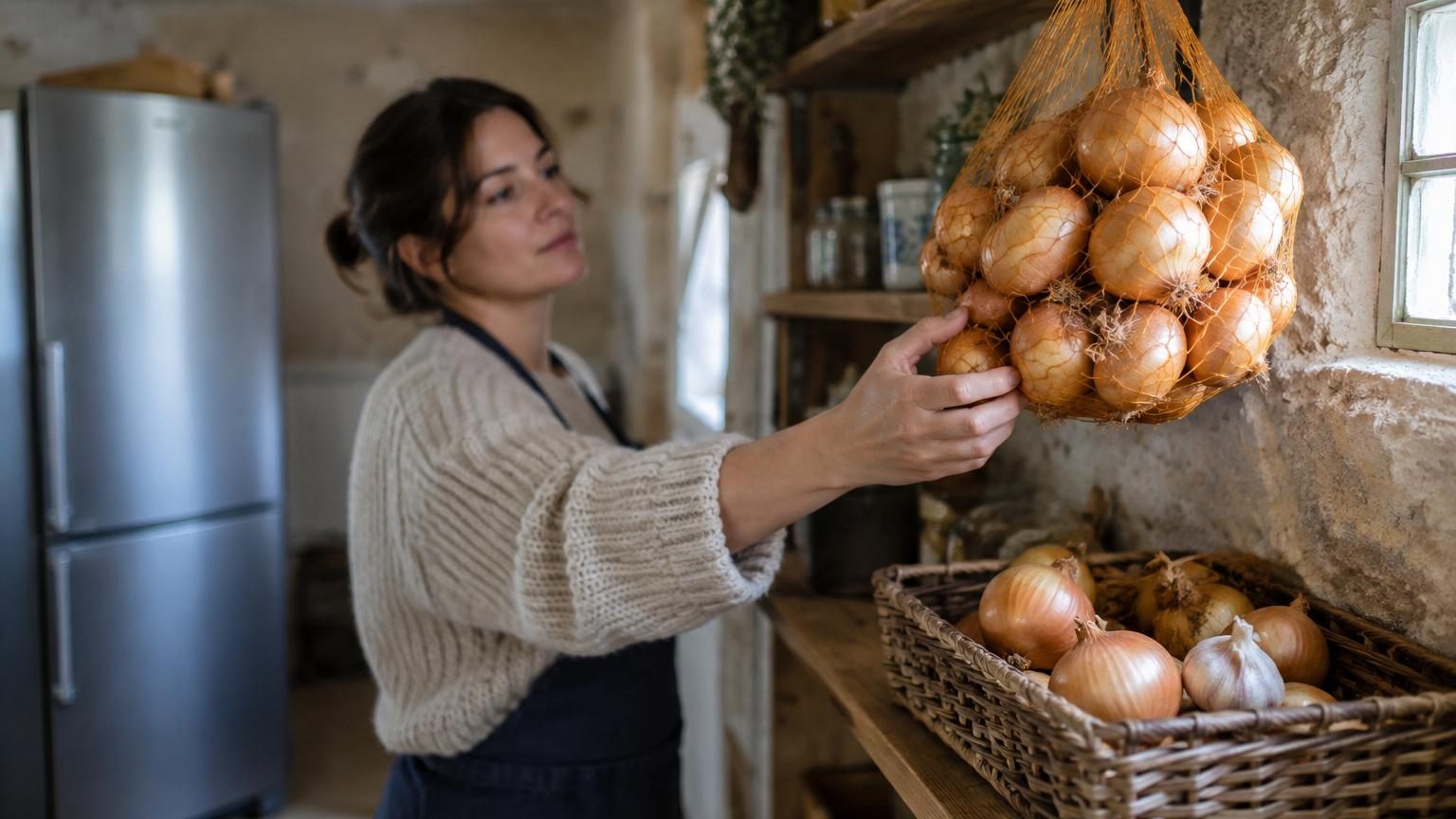 Oignons jaunes entiers stockés dans un filet ou un panier aéré, posé dans un endroit sombre et frais, loin de sources de chaleur