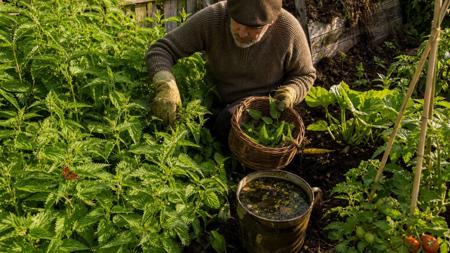 Touffe d'orties vertes au printemps dans un coin sauvage du jardin, avec jeunes pousses tendres, idéale pour la récolte culinaire et la fermentation du purin naturel.