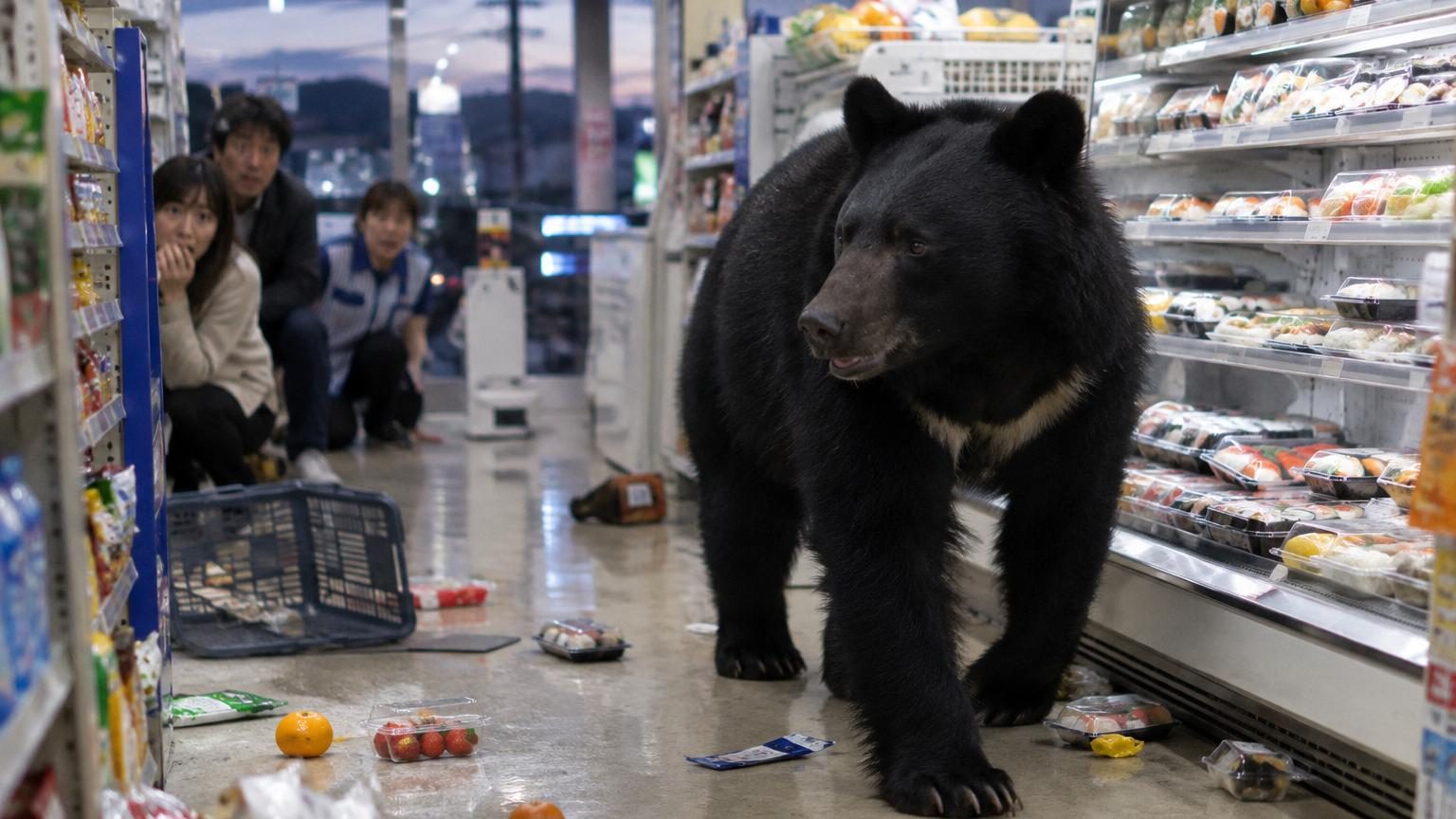Un ours noir asiatique dans une forêt assombrie par la couverture nuageuse, illustrant le phénomène climatique à l'origine des attaques au Japon.