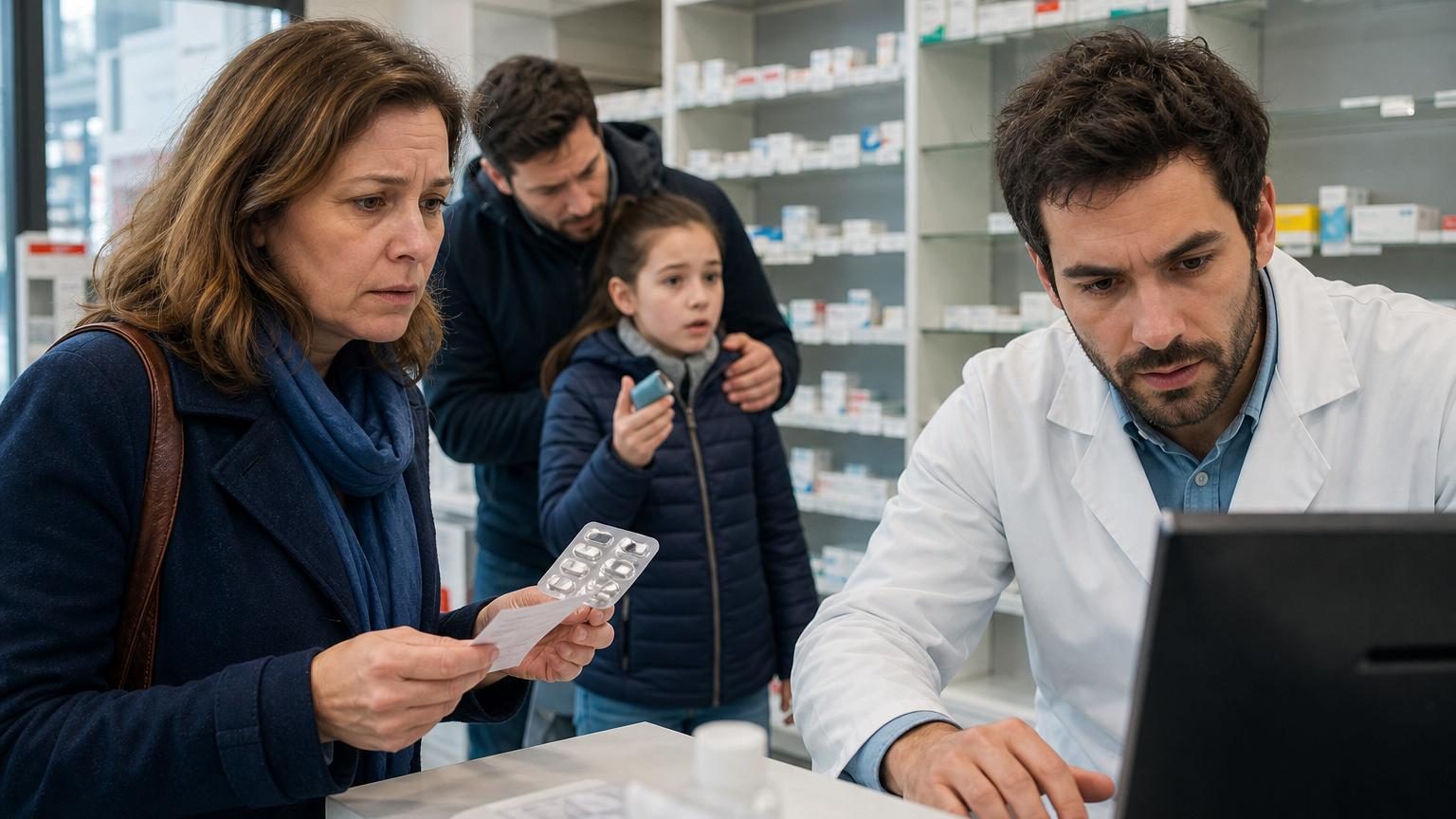 Une femme examine son ordonnance à la pharmacie tandis que le pharmacien cherche une solution sur son écran, illustrant la recherche d'un médicament indisponible.