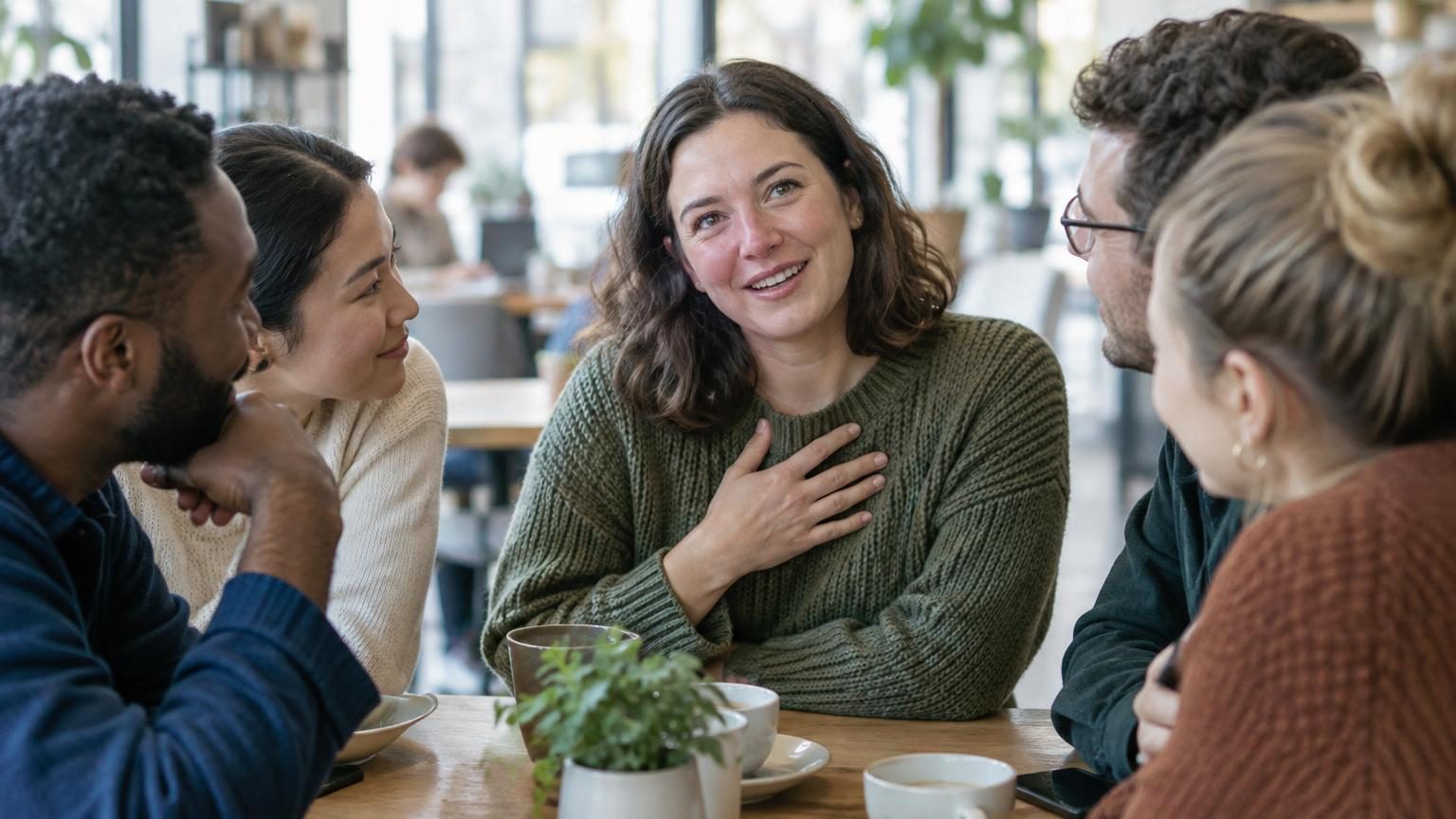 Groupe de personnes en réunion autour d'une table, avec l'une d'elles au centre affichant une posture ouverte, un sourire assuré et établissant un contact visuel direct avec les autres participants.