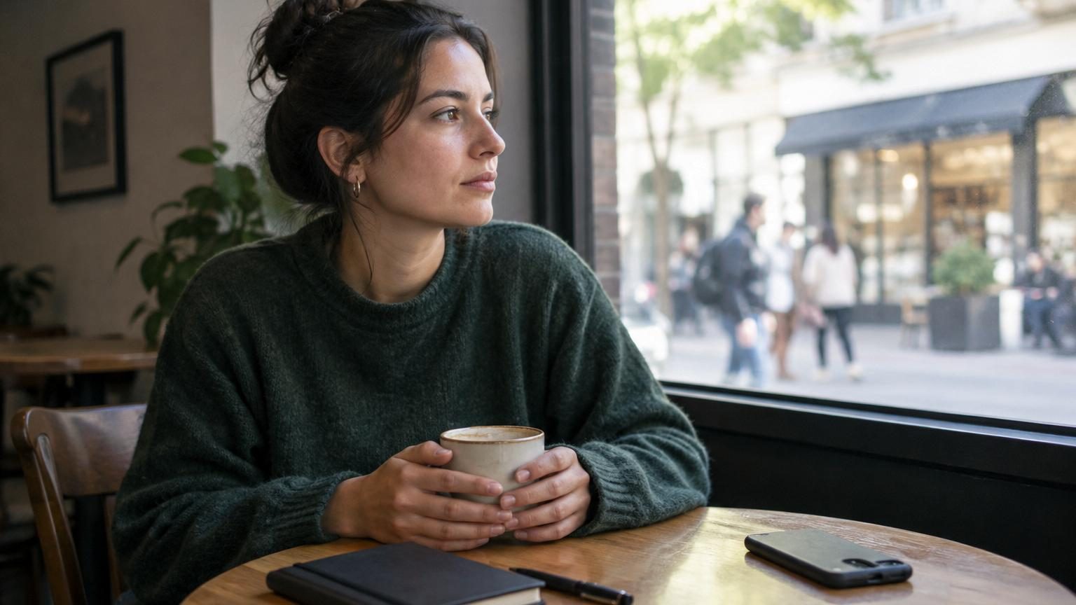 Une femme assise seule à une table de café contemple la rue par la fenêtre, son café refroidi devant elle, l'air pensif et sans téléphone à la main