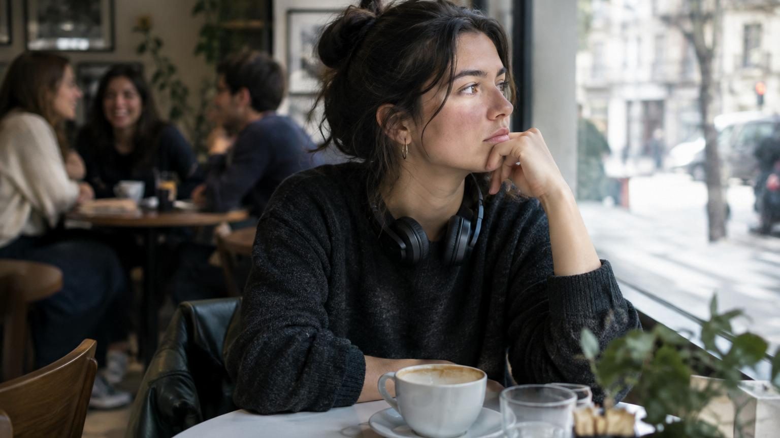 Personne assise seule, pensives, entourée d'autres qui conversent et rient lors d'une réception professionnelle, illustrant la fatigue mentale face aux conversations superficielles.