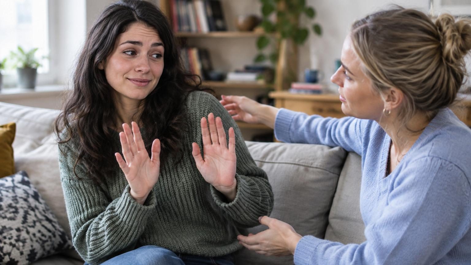 Deux personnes se maintiennent à distance respectueuse, sans contact physique, exprimant de la bienveillance par le regard et l'expression faciale.