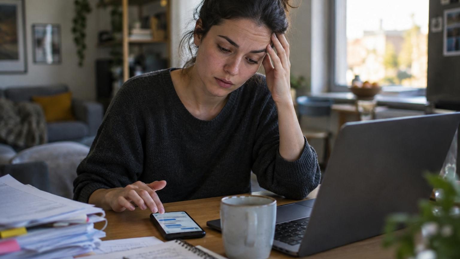 Personne assise seule à un bureau, le regard distant, entourée de tâches à accomplir, symbolisant la fatigue d'une autosuffisance compulsive.
