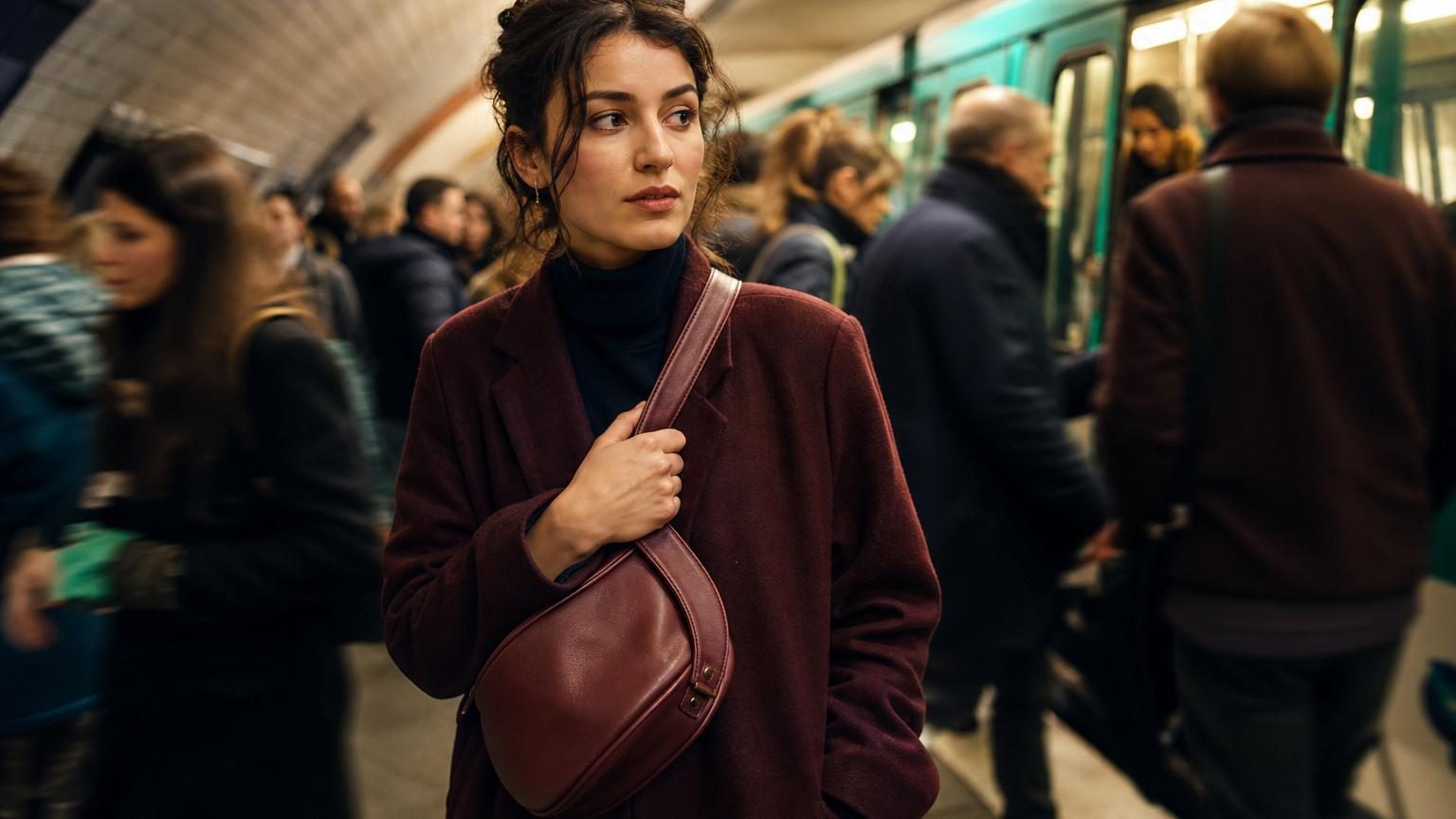 Personne portant un sac en bandoulière traversant une rue animée, tenant fermement la sangle contre sa poitrine au milieu de la foule urbaine.