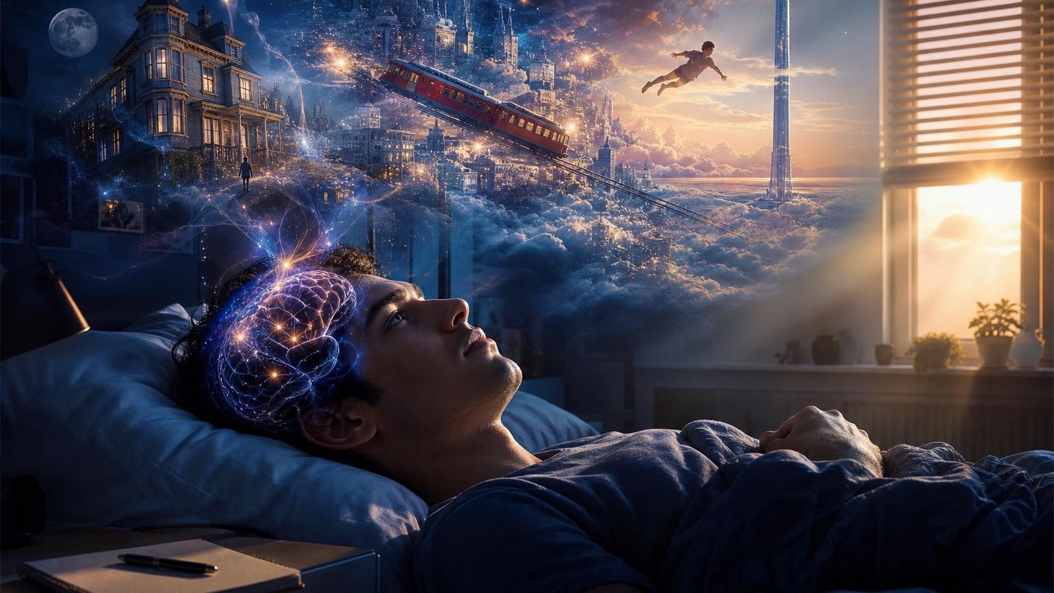 Une personne endormie sur un lit blanc, son visage serein tandis que des images oniriques surplombent sa tête (maisons, silhouettes, formes abstraites) symbolisant l'activité cérébrale nocturne et la formation des rêves.