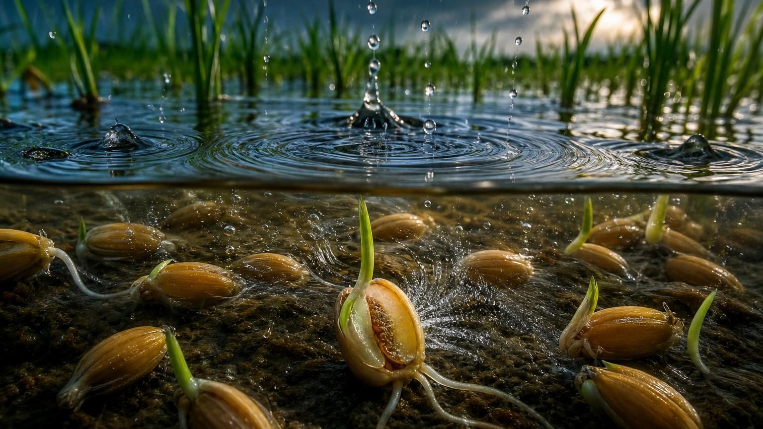 Graine de riz immergée dans peu d'eau avec gouttes tombant à proximité, créant des ondulations à la surface