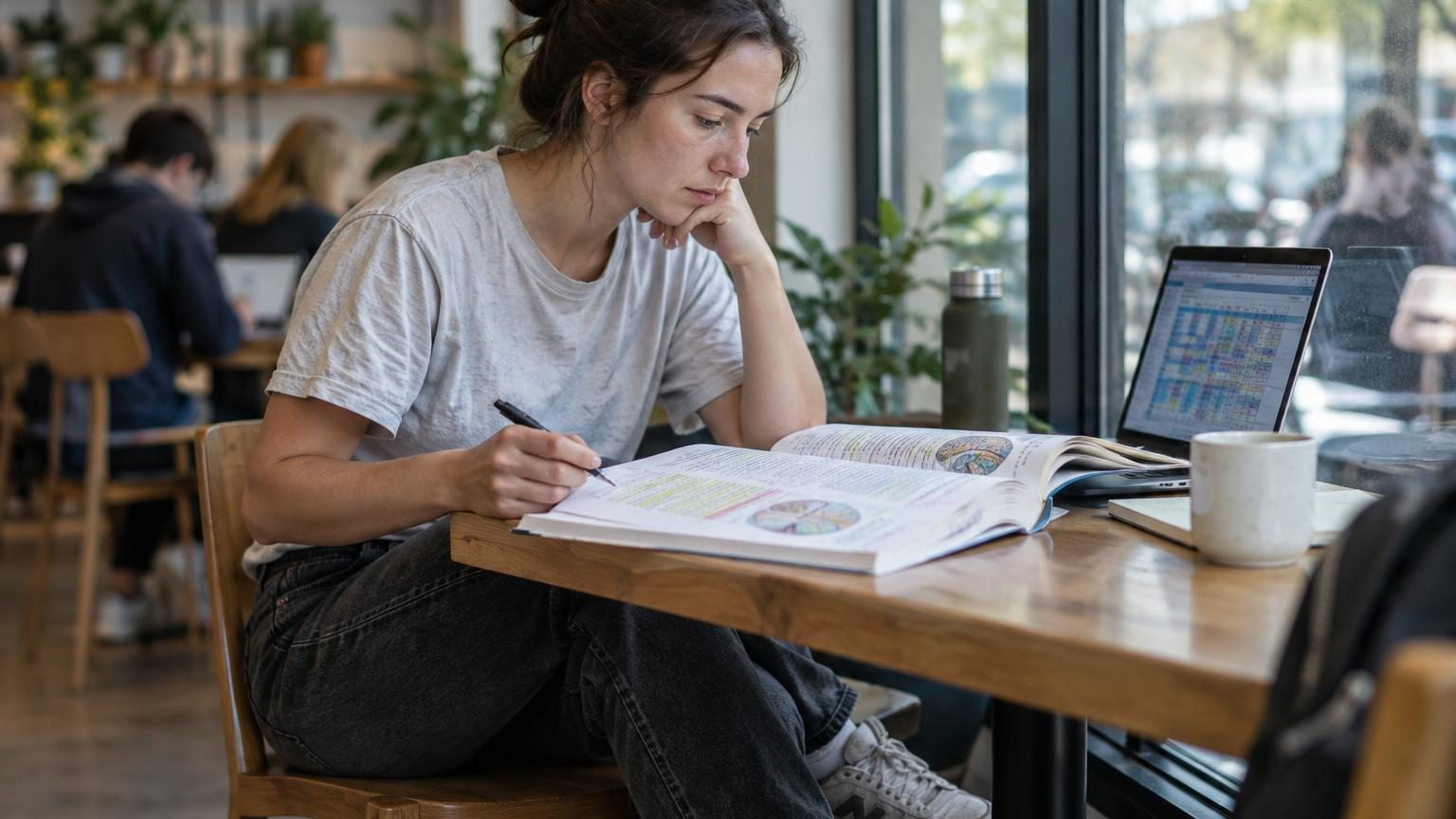 Personne en tenue minimaliste composée d'un jean noir, d'un t-shirt uni et de baskets usées, tenant un livre annoté, incarnant la particularité des esprits brillants de privilégier la substance sur l'apparence vestimentaire.