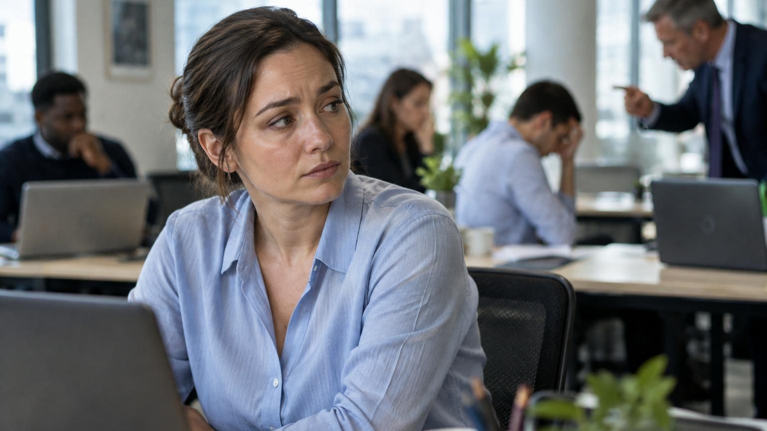 Portrait d'une femme assise à son bureau, écoutant attentivement une collègue qui se confie, symbolisant le travail émotionnel informel au cœur des équipes de travail toxiques