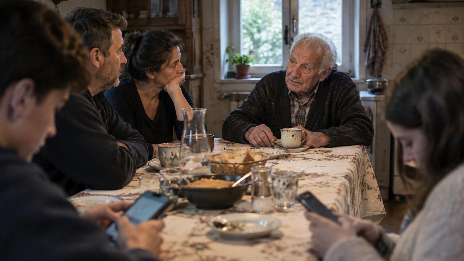 Trois générations autour d'une table de cuisine : enfants sur téléphone, parents discutant, grand-parent âgé écoutant avec sérénité.