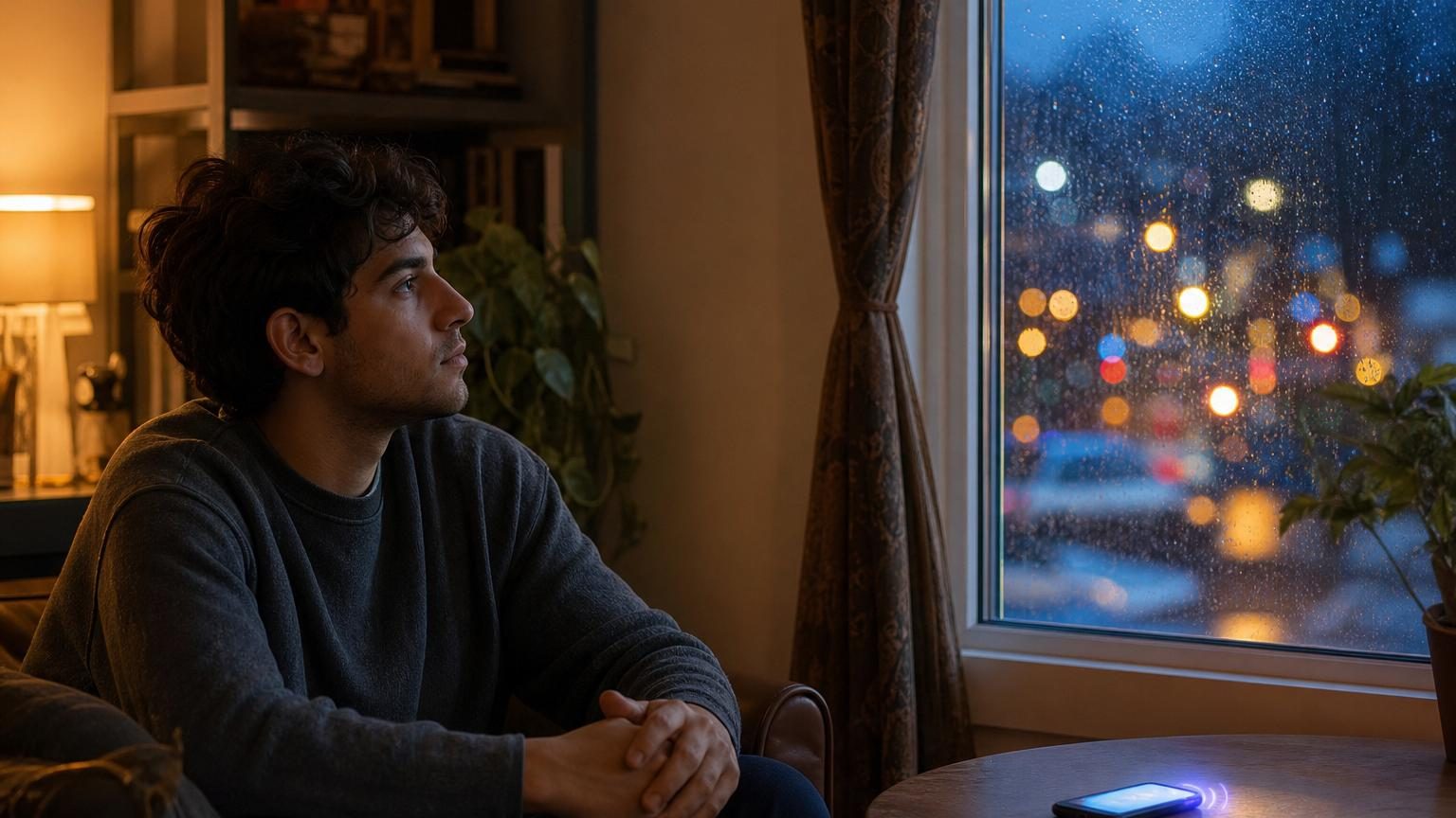 Une personne assise seule dans un salon calme, les mains posées sur ses genoux, regardant vers l'avant sans téléphone ni écran, incarnant la présence lucide et l'acceptation de l'incertitude.