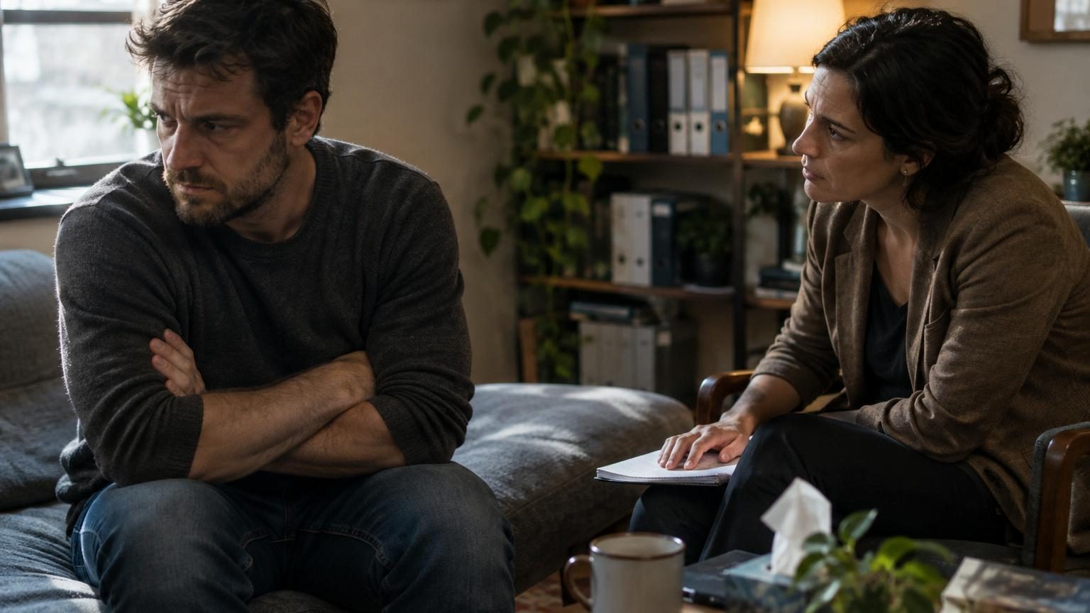 Personne assise en face d'une psychologue, visiblement tendue, repoussant une feuille de papier avec un sourire forcé et une posture défensive