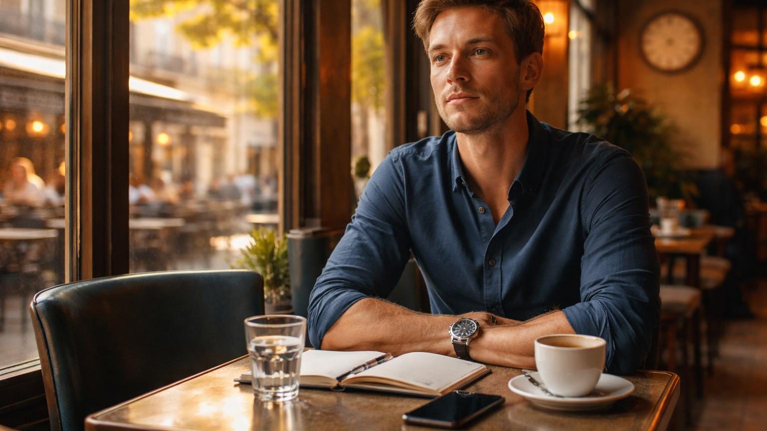 Une personne assise seule dans une salle d'attente vide, regardant sa montre avec une expression calme et posée, représentant l'arrivée anticipée à un rendez-vous.