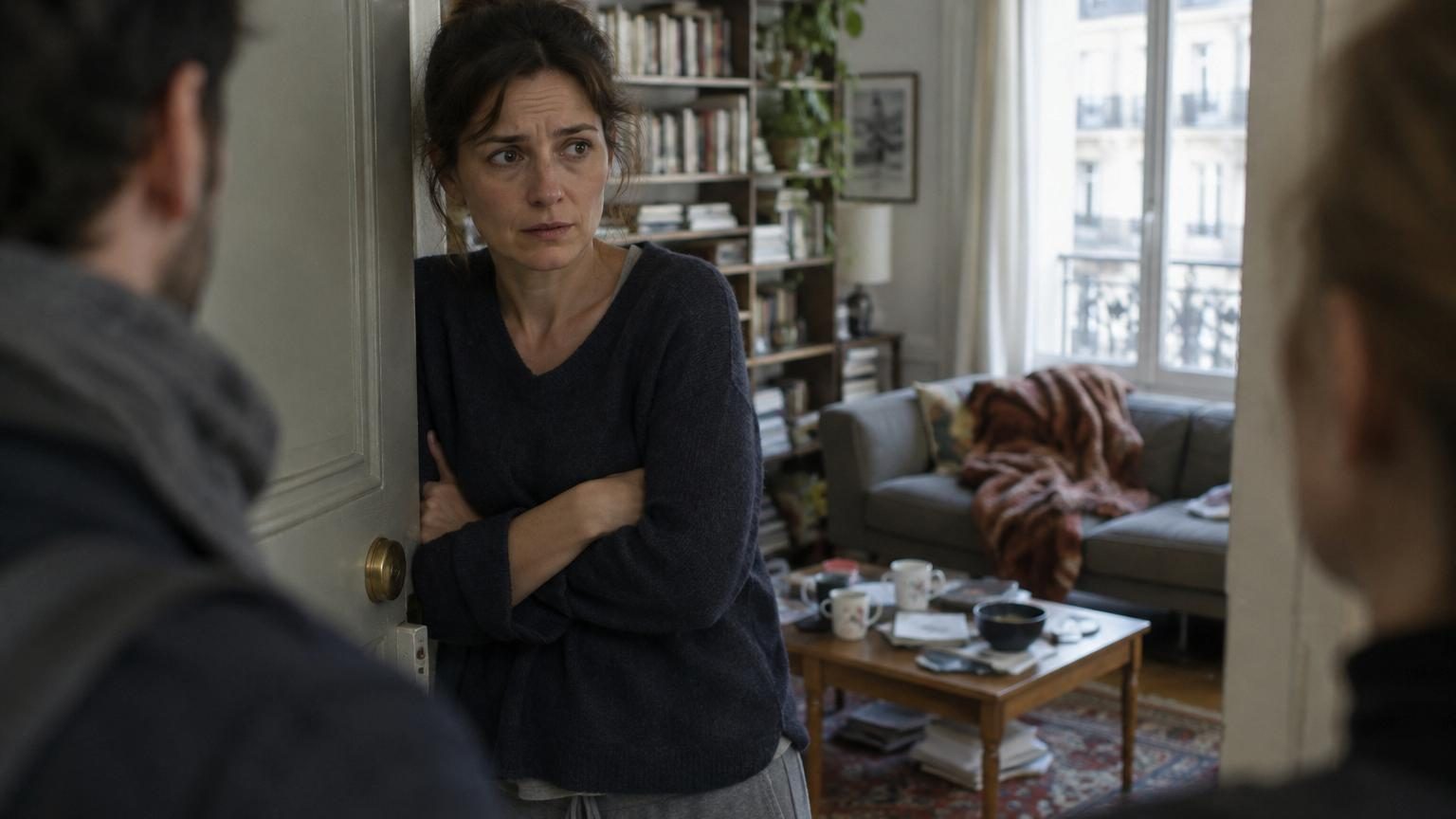 Une personne mal à l'aise assise sur un canapé tandis que des invités discutent autour d'une table de repas dans un salon bien ordonné