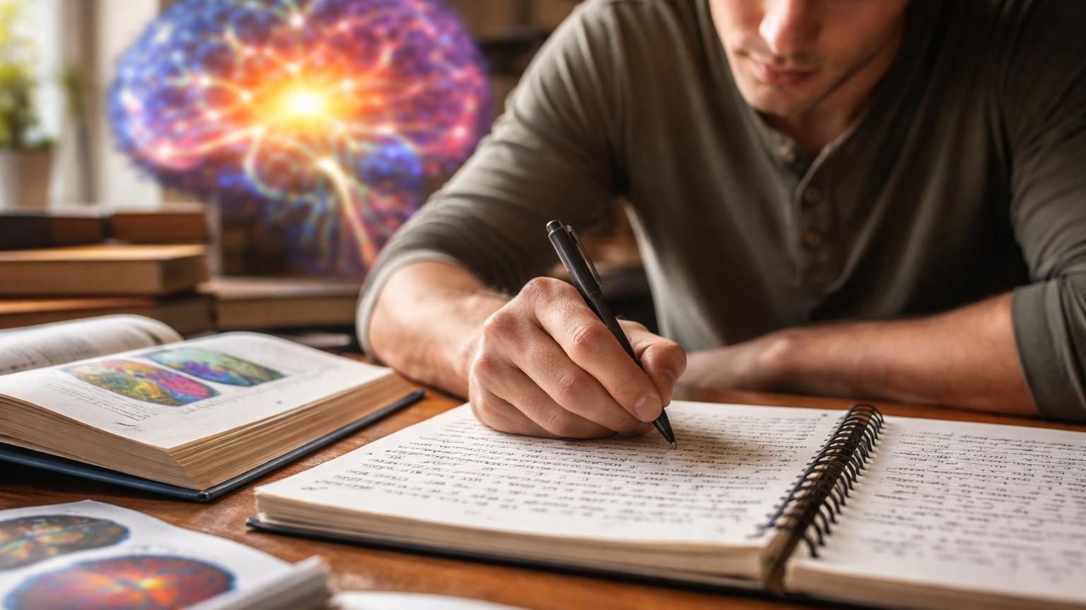 Gros plan sur une feuille de papier avec une écriture manuscrite désordonnée et difficile à lire, illustrant le concept d'une pensée rapide dépassant la capacité de la main à écrire lisiblement.