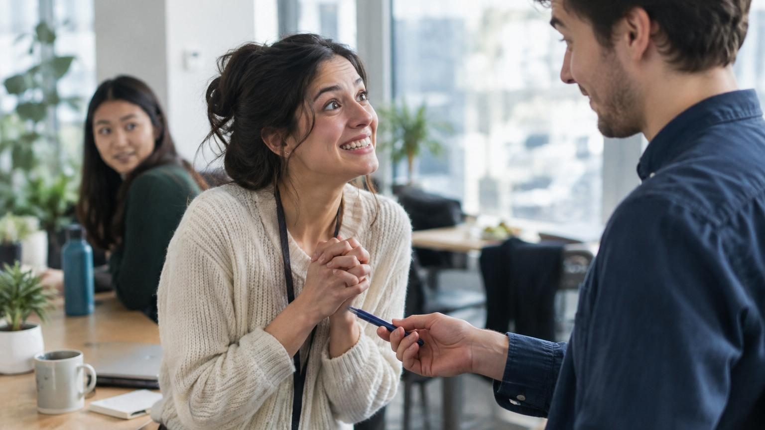 Personne souriant avec nervosité, main sur la poitrine en geste de gratitude excessive, expression de malaise dans un environnement de bureau ou social.