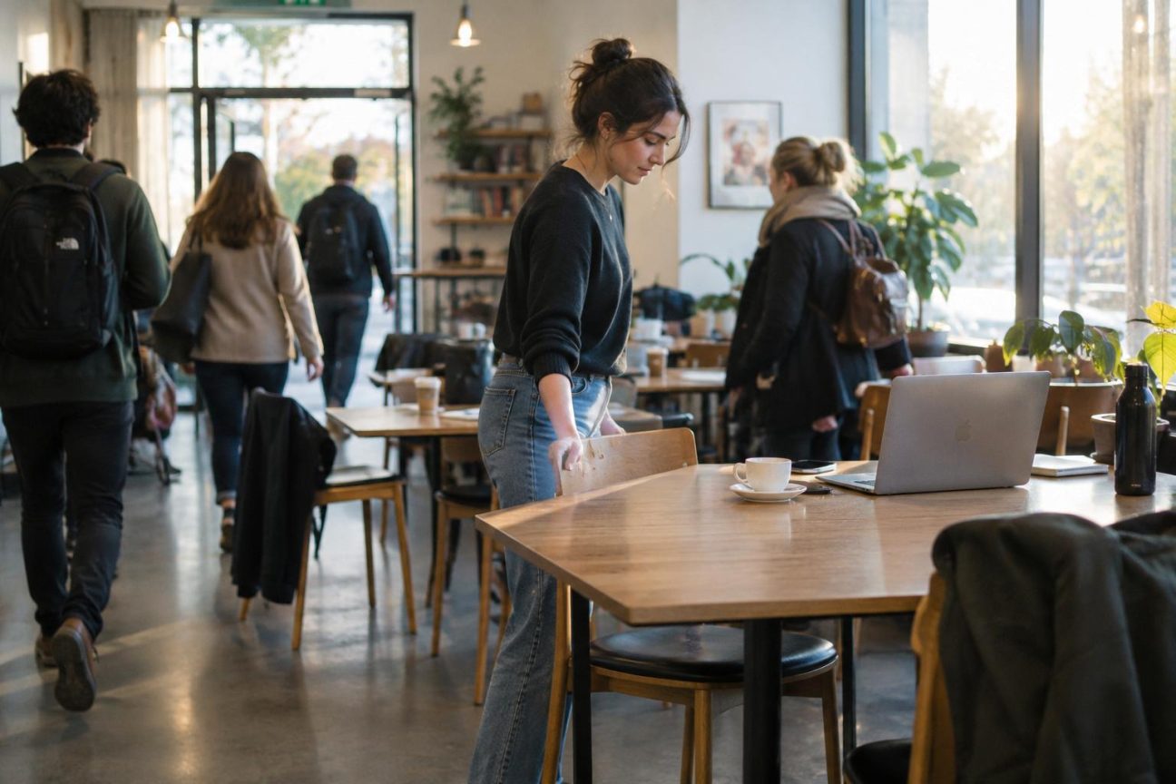 Vue d'une table de café vide avec une chaise bien alignée contre la table, lumière naturelle douce, environnement rangé et ordonné