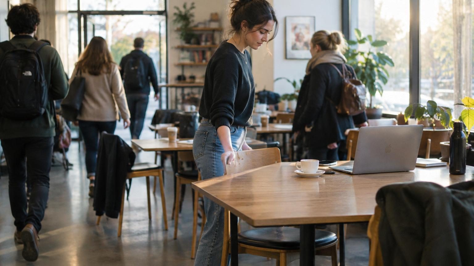 Vue d'une table de café vide avec une chaise bien alignée contre la table, lumière naturelle douce, environnement rangé et ordonné