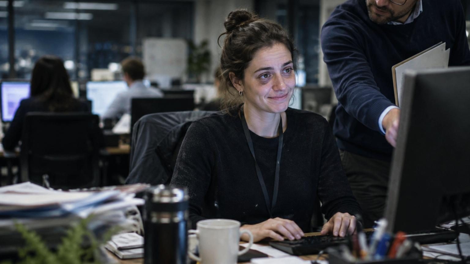 Femme devant un écran d'ordinateur tard le soir, sous la lumière des néons, acceptant une demande supplémentaire du chef avec un sourire figé, symbolisant la suradaptation.