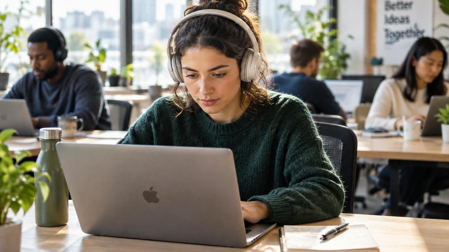 Personne portant des écouteurs, concentrée sur son travail devant un ordinateur portable dans un environnement de bureau