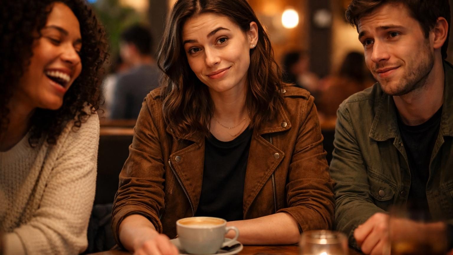 Portrait en gros plan d'une personne souriante de manière ironique, avec un regard détaché ou pensif, illustrant l'ambiguïté entre sourire apparent et émotions cachées du sarcasme.