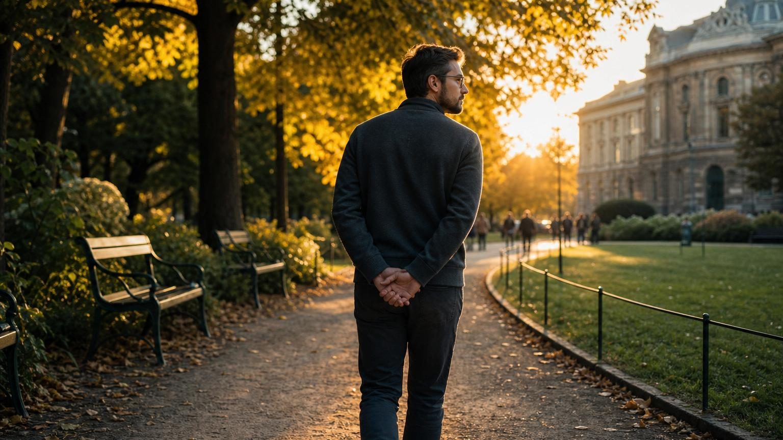 Personne marchant seule dans un parc, les deux mains croisées derrière le dos, avec une posture détendue et un regard contemplatif dirigé vers l'environnement naturel.