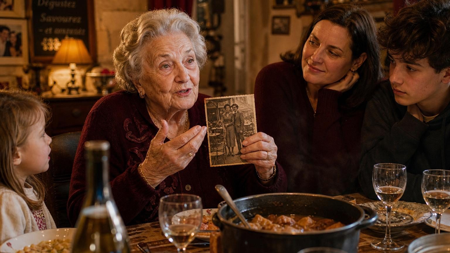 Une famille de plusieurs générations réunie autour d'une table de repas, une personne âgée raconte une histoire tandis que les autres l'écoutent avec attention, dans une ambiance chaleureuse et intergénérationnelle.