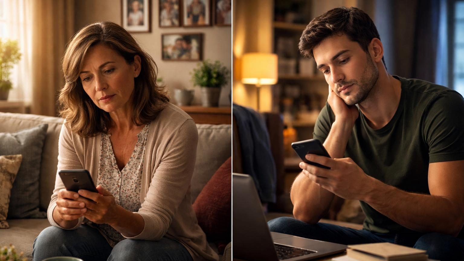 Un jeune homme adulte tenant un téléphone avec une expression réfléchie et légèrement préoccupée, symbolisant l'hésitation à appeler ses parents.