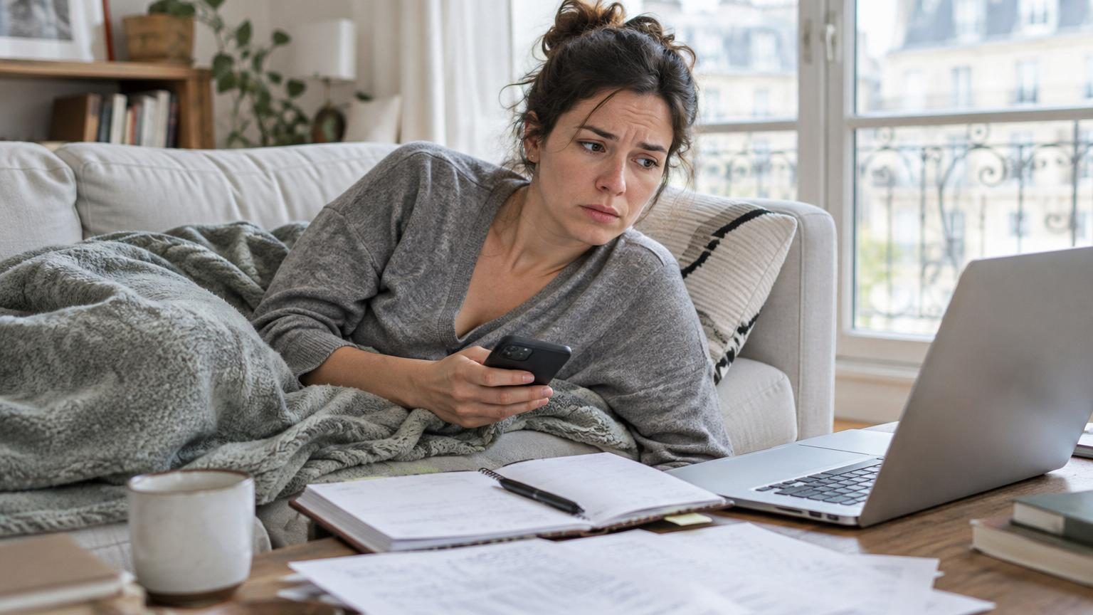 Personne assise sur un canapé avec un téléphone à la main, entourée d'une énumération de tâches flottantes, illustrant le dilemme entre le repos et la culpabilité de ne pas travailler.