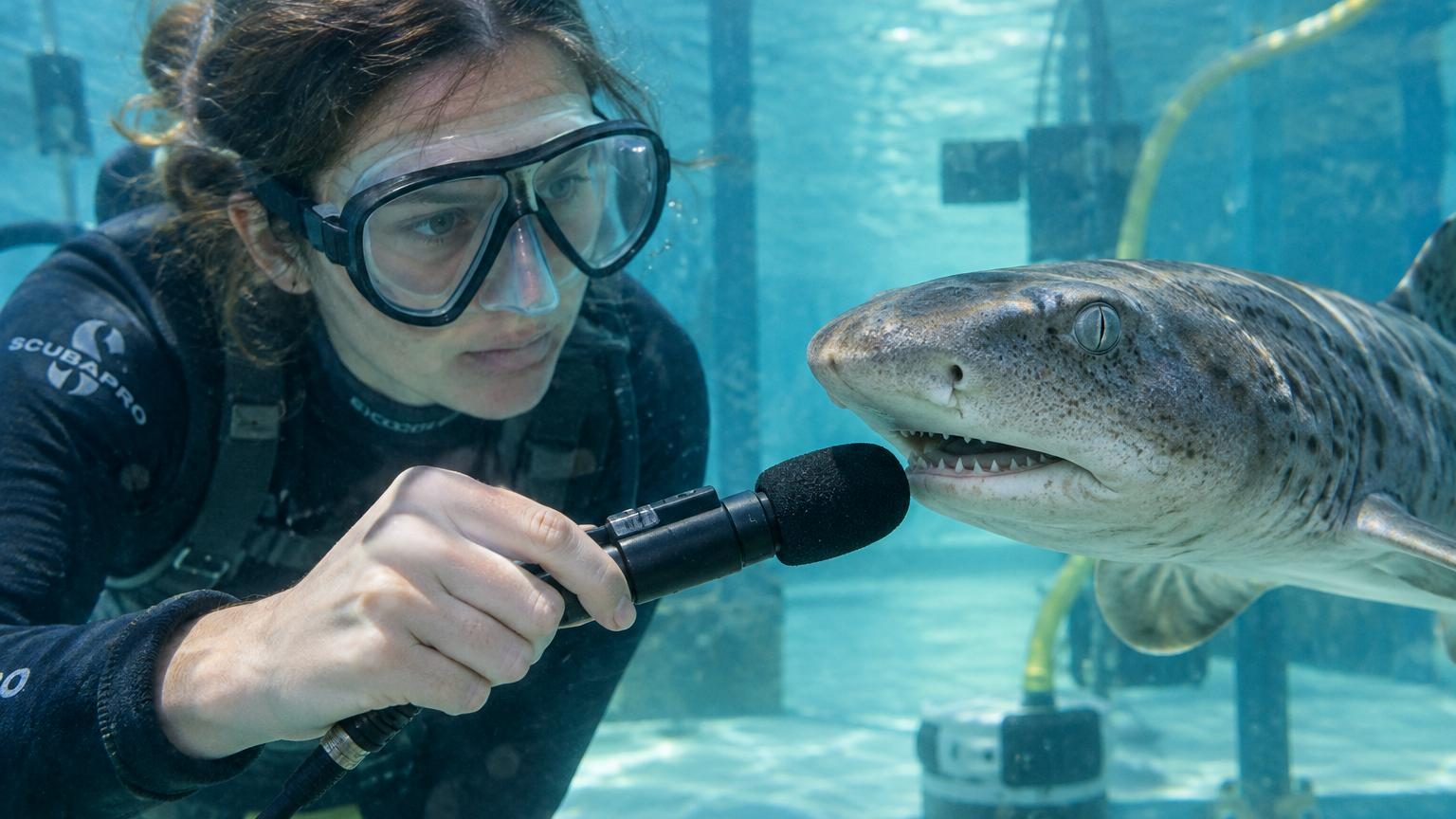 Requin émoussé de petite taille dans l'eau, équipé de capteurs sonores pour l'enregistrement scientifique de ses vocalisations acoustiques.