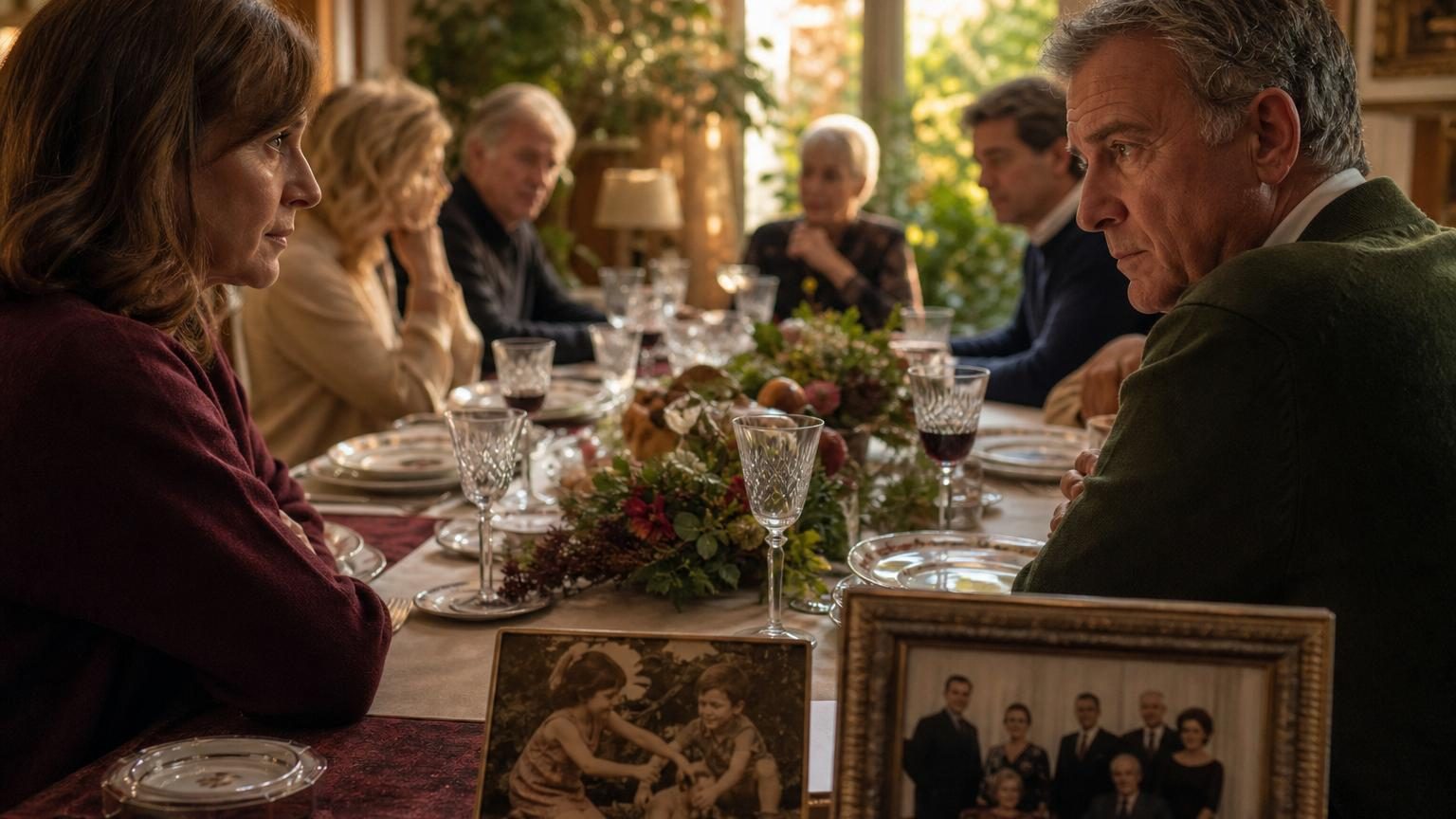 Deux adultes se font face dans un salon à la lumière douce, discussion sérieuse mais constructive autour d'un passé familial douloureux.