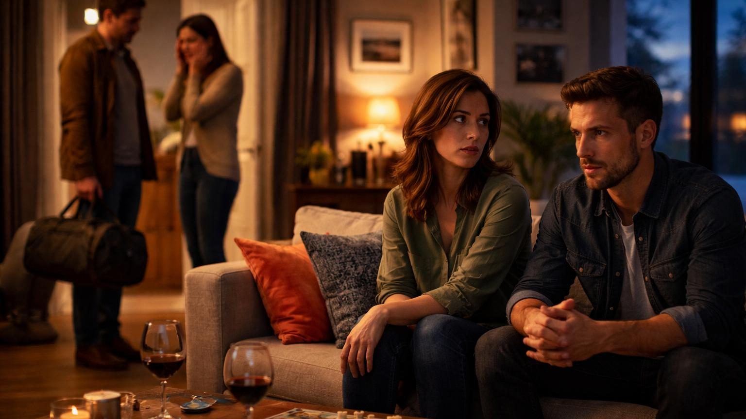 Deux couples assis autour d'une table, l'un se regardant tendrement tandis que l'autre couple diverge, symbolisant la contagion émotionnelle des ruptures dans un groupe d'amis.
