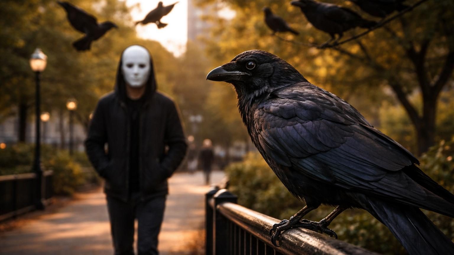 Gros plan d'une corneille noire aux yeux perçants, observant attentivement une silhouette humaine en arrière-plan dans un environnement urbain.