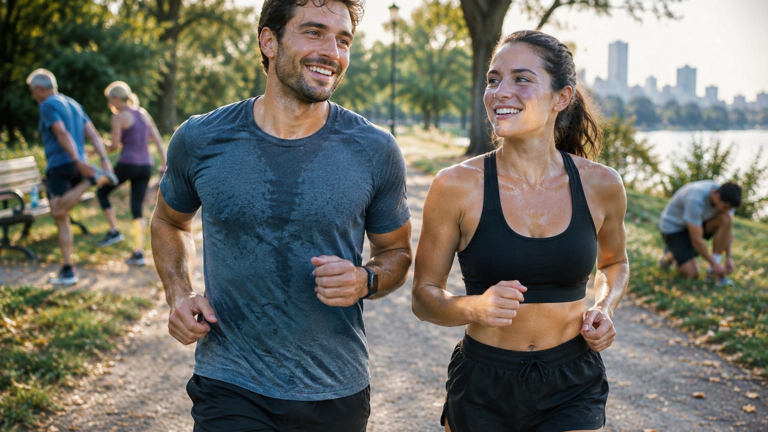 Homme d'âge moyen musclé en tenue de sport, souriant, dans une posture dynamique évoquant la force et la vitalité physique.