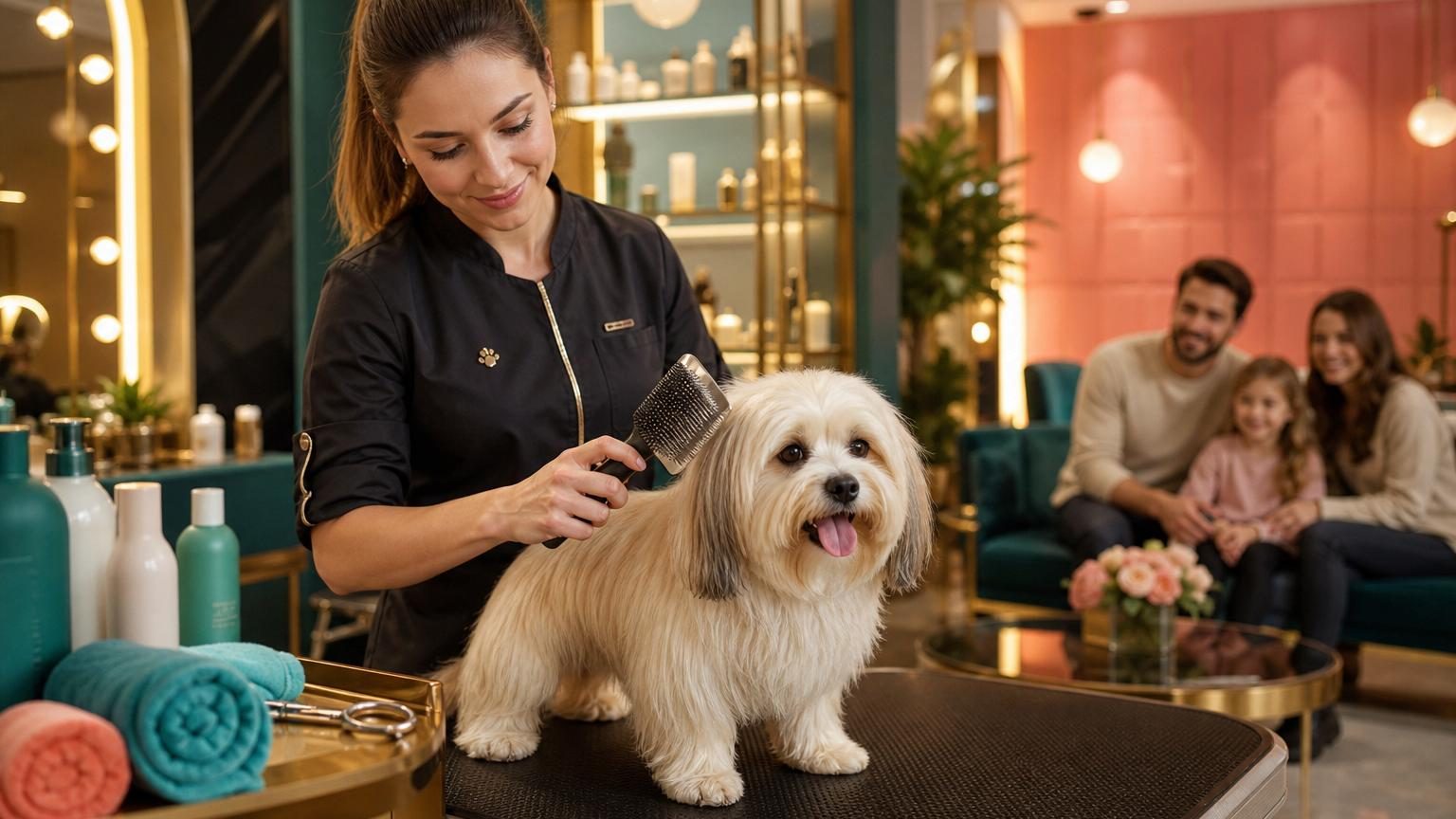 Un chien blanc ou gris aux cheveux longs, confortablement installé sur une table de toilettage, pendant qu'un toiletteur professionnel le brosse ou l'aère délicatement.