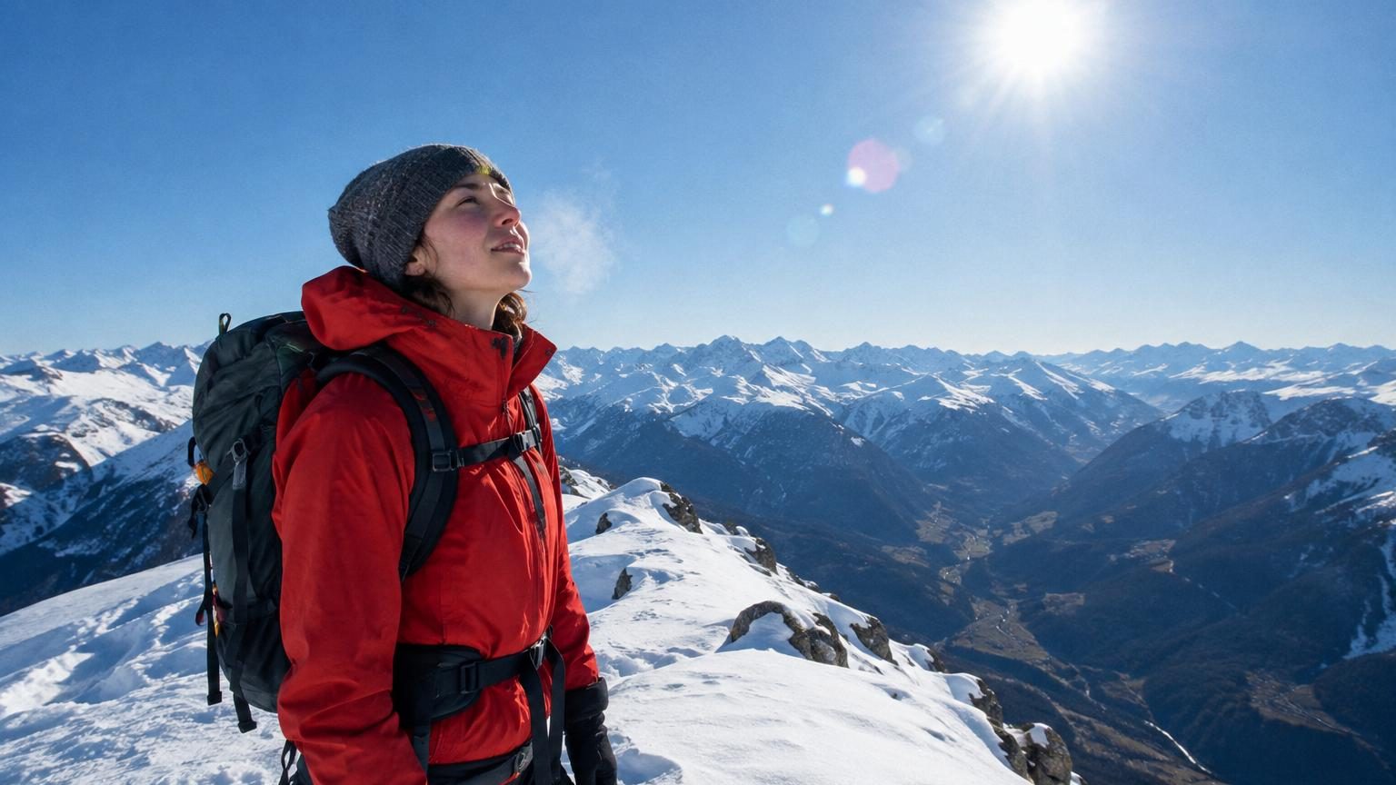 Un alpiniste en habit de montagne traverse un versant enneigé d'une montagne sous un ciel bleu dégagé, le soleil éclatant en arrière-plan.