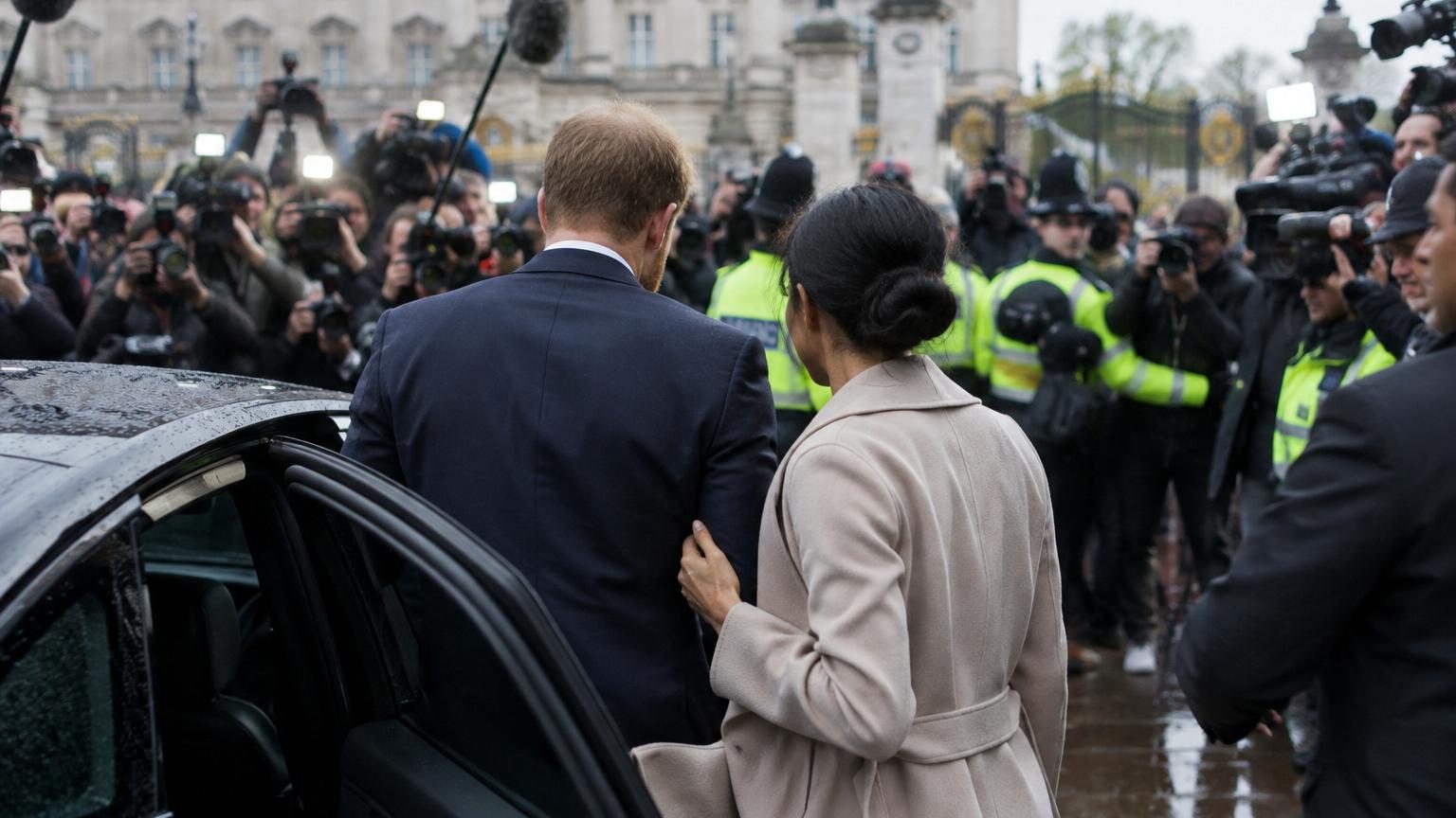 Harry et Meghan lors d'un événement public au Royaume-Uni, arborant des sourires figés, entourés de caméras et de passants curieux, illustrant le retour médiatisé du couple en territoire britannique.