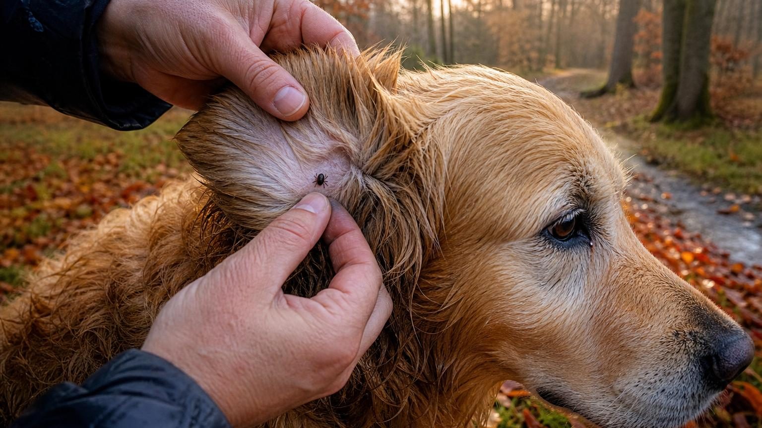 Un chien en promenade automnale au parc, entouré de feuilles mortes et de broussailles humides, avec une tique visible sur son pelage.