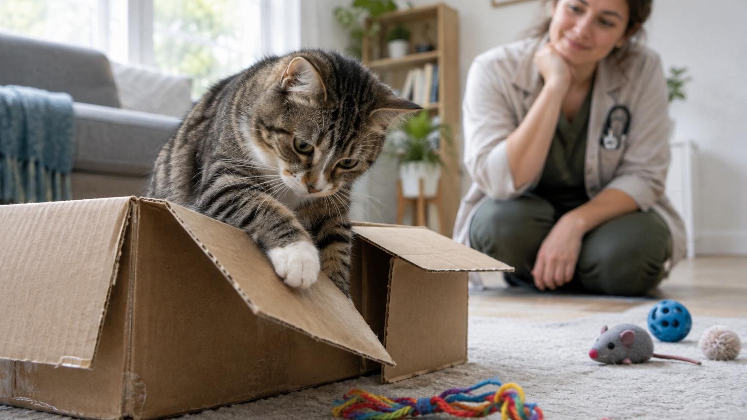 Un chat roulé en boule au fond d'une boîte en carton marron, incarnant le refuge et la sécurité que recherchent naturellement les félins.