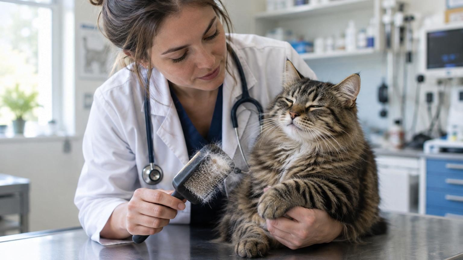 Un chat roux allongé sur un canapé gris se fait brosser doucement avec une brosse adaptée par une main bienveillante, illustrant le geste préventif quotidien contre les boules de poils.