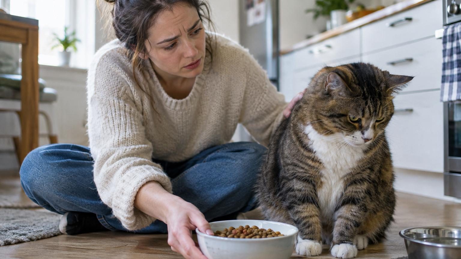 Chat assis devant une gamelle vide, regardant fixement au loin, posture signalant une absence d'intérêt pour la nourriture et un malaise potentiel.