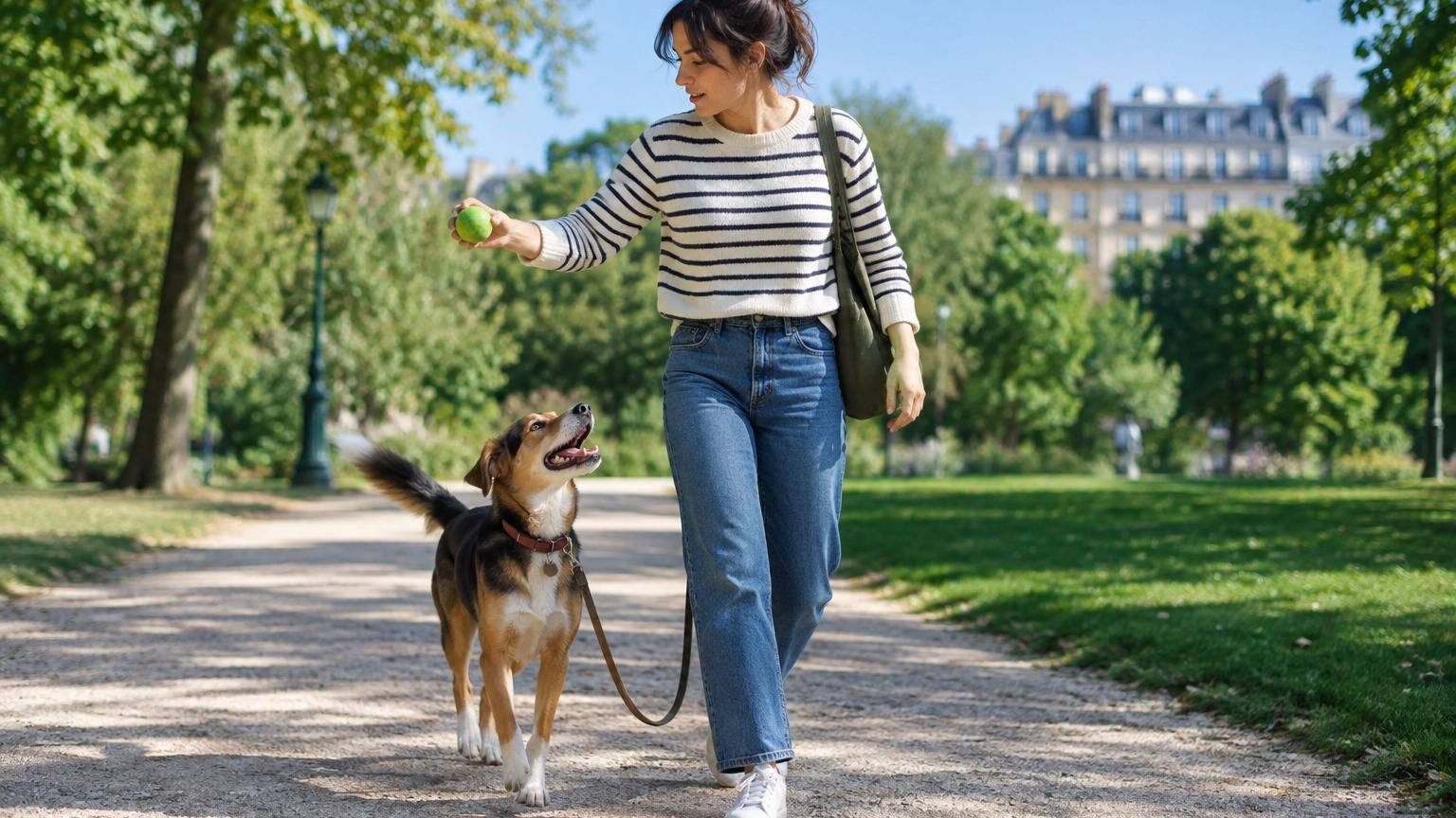 Un chien noir et blanc en laisse marchant dans un parc verdoyant en compagnie d'une personne tenant la laisse, illustrant une promenade quotidienne.