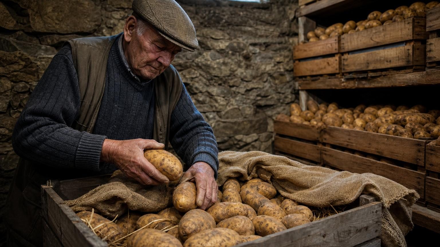 Caisses en bois remplies de pommes de terre soigneusement rangées en couches, séparées par de la paille et recouvertes d'un linge de jute clair dans une cave fraîche et sombre.