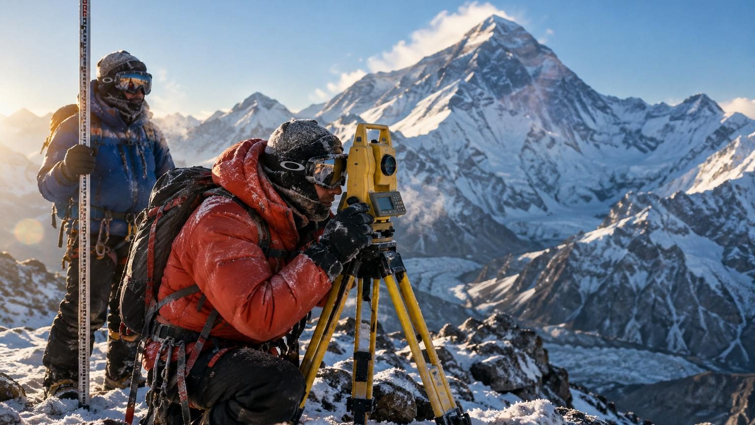 Vue de l'Everest enneigé dominante le chaîne himalayenne sous ciel bleu, avec instruments de mesure historiques en superposition