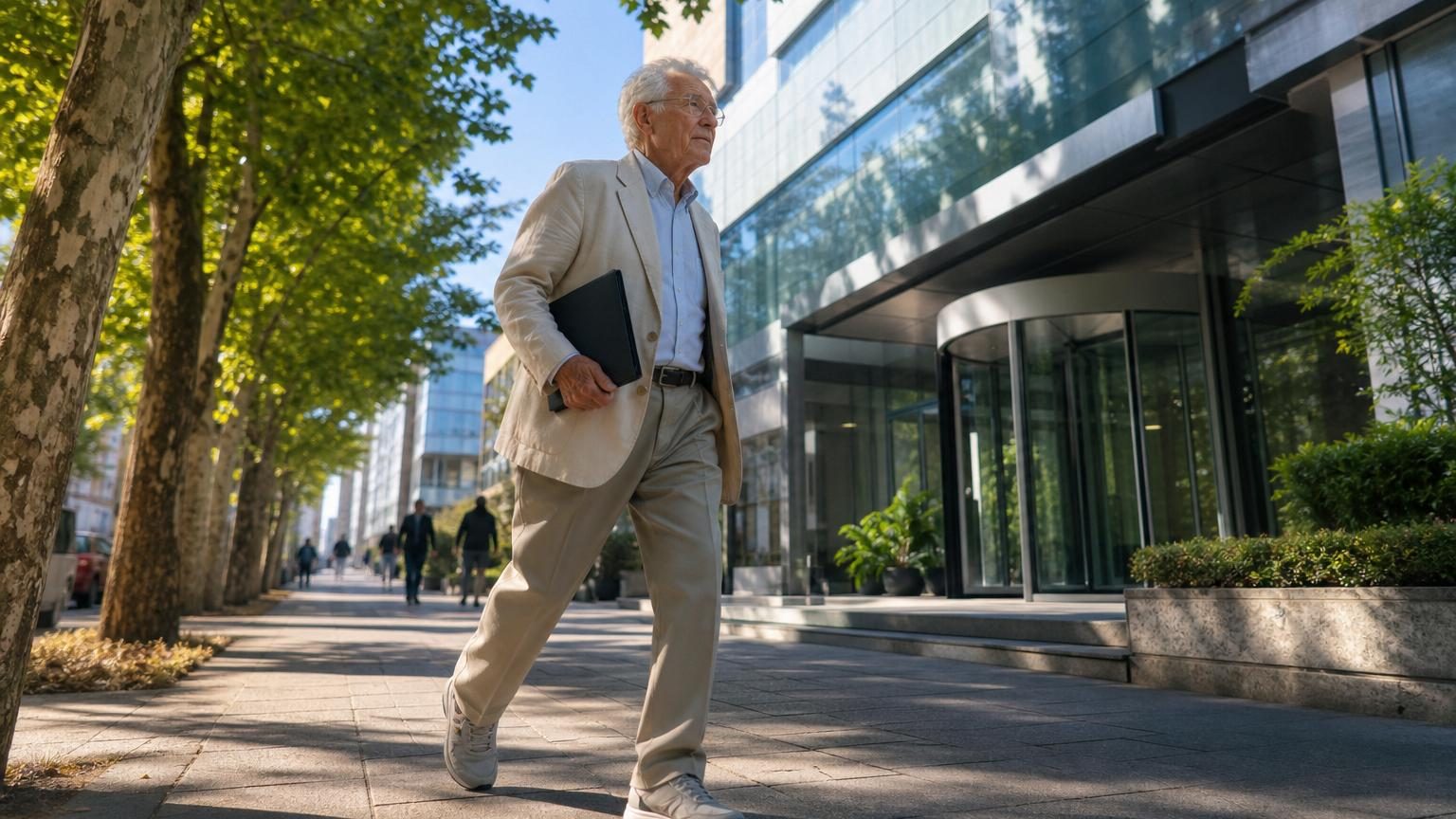 Un homme âgé en tenue de marche rapide sur un chemin ensoleillé, montrant une posture énergique avec respiration active