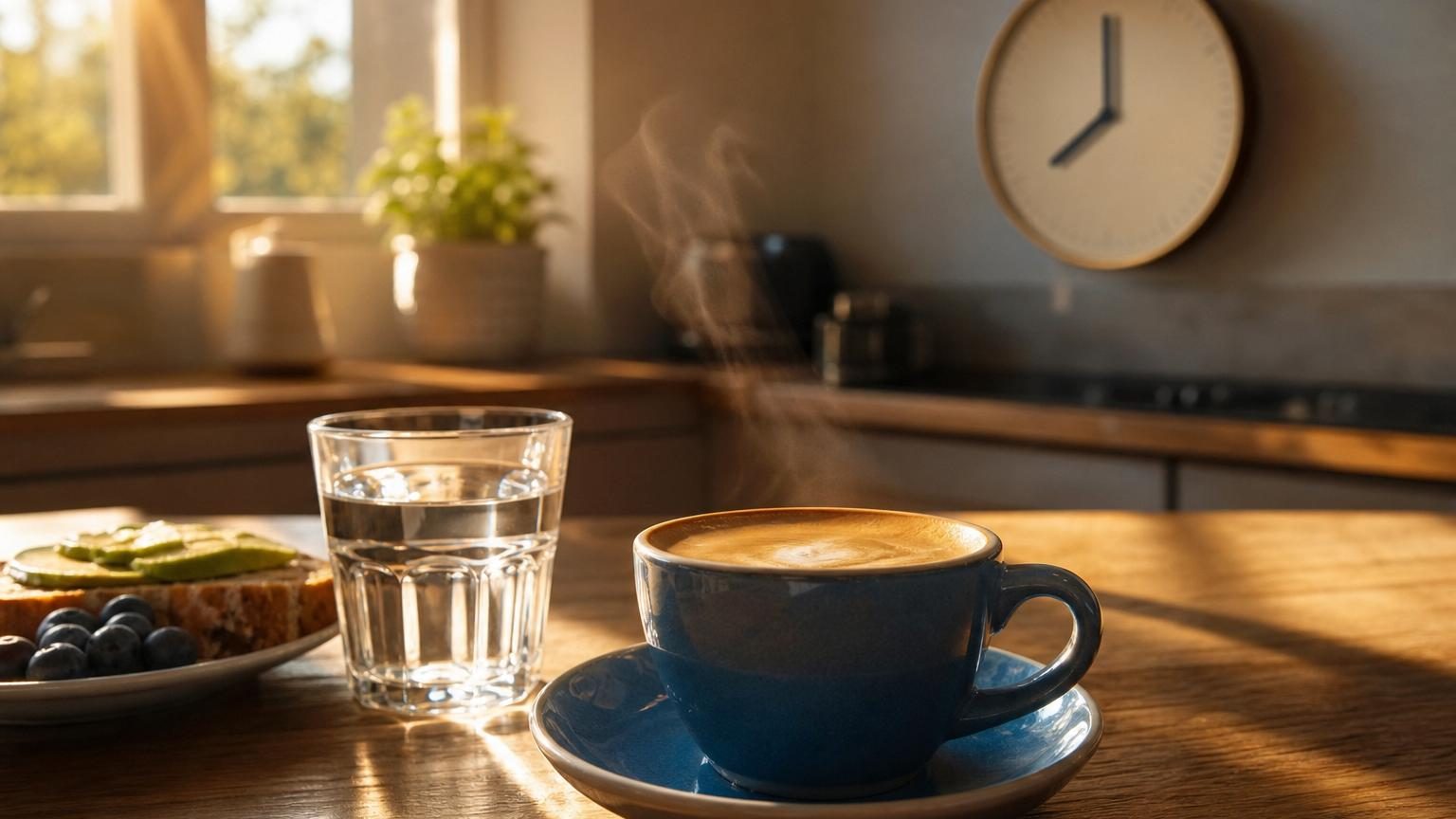 Tasse de café fumant posée sur une table le matin, avec horloge montrant l'heure, symbole du timing optimal de consommation