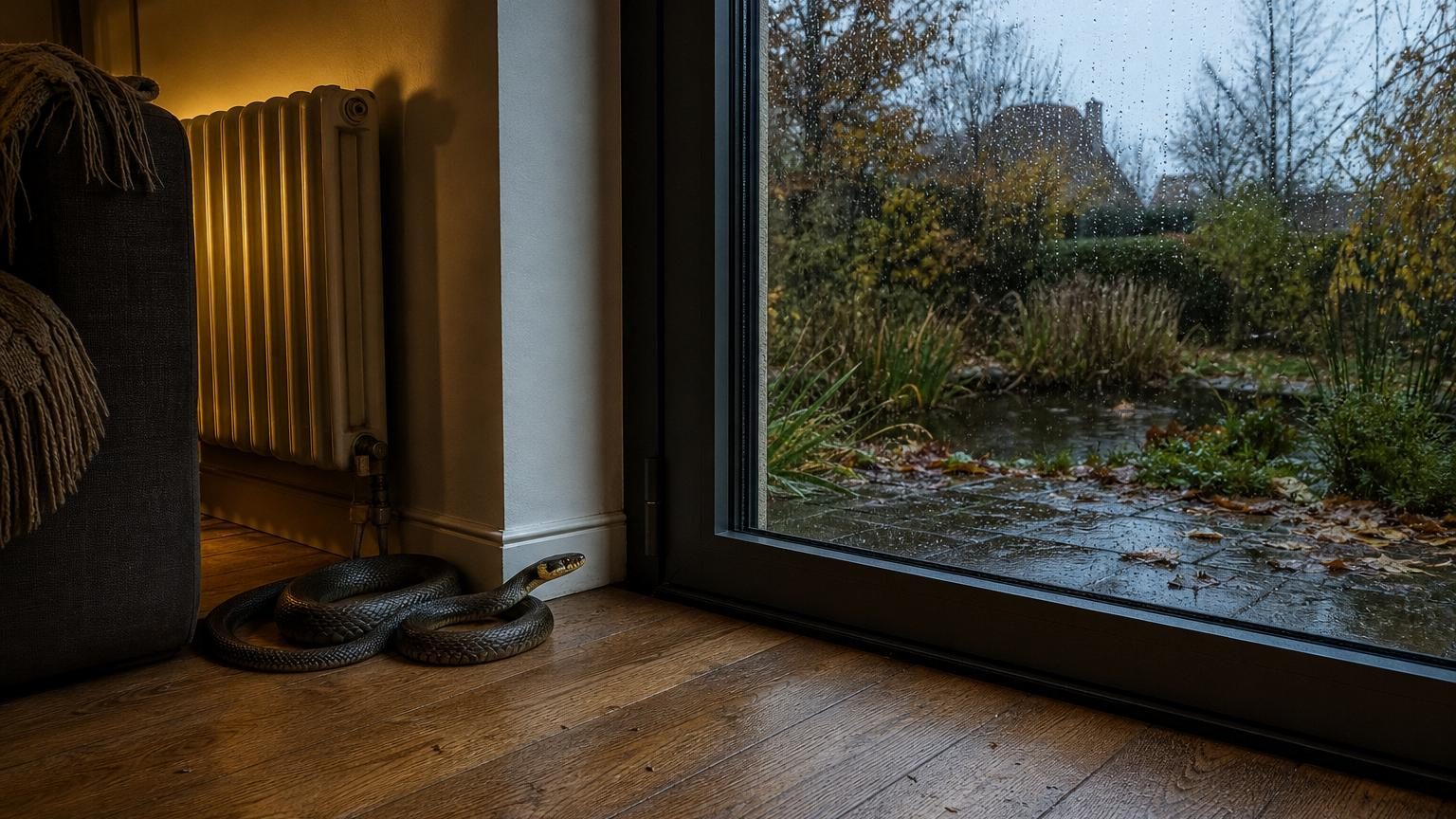 Couleuvre allongée sur un mur intérieur près d'une porte-fenêtre, avec un canapé flou en arrière-plan et la lumière hivernale qui entre par les vitres.