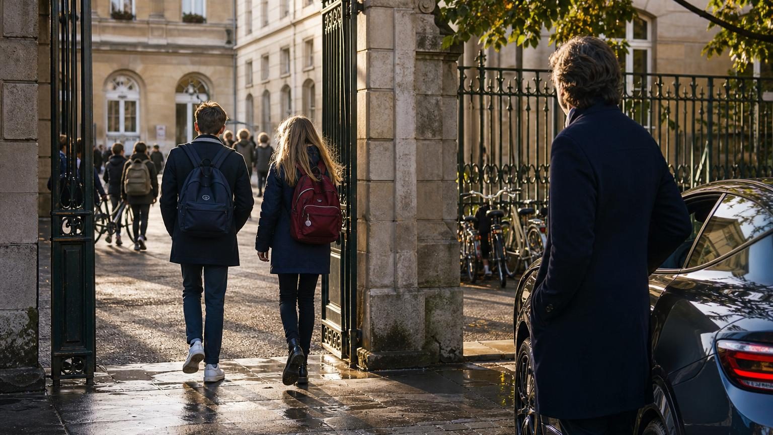 Vue d'entrée d'un collège parisien avec grille de portail, élèves et parents dans la cour, symbole de la vie scolaire ordinaire.
